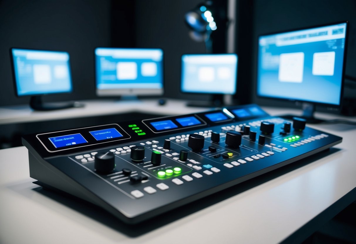 A sleek control surface with knobs, sliders, and buttons, surrounded by digital screens and LED indicators, sits on a clean, modern desk in a dimly lit studio