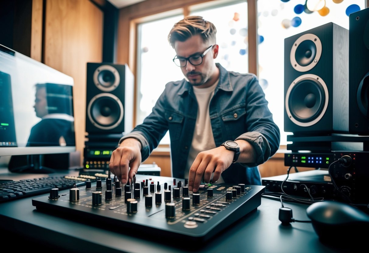A music producer adjusting knobs and sliders on a control surface, surrounded by a computer, keyboard, and studio monitors