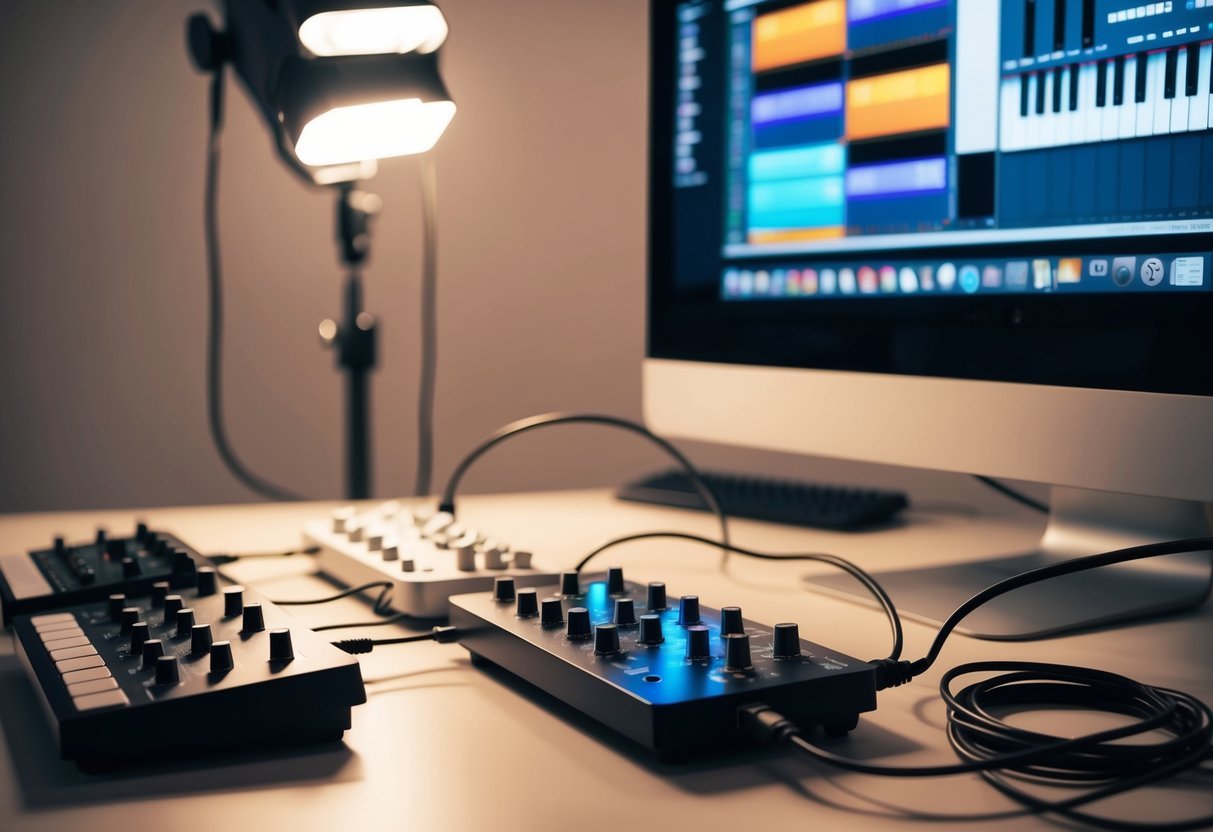 An array of MIDI controllers connected to a computer, with cables and knobs illuminated by soft studio lighting