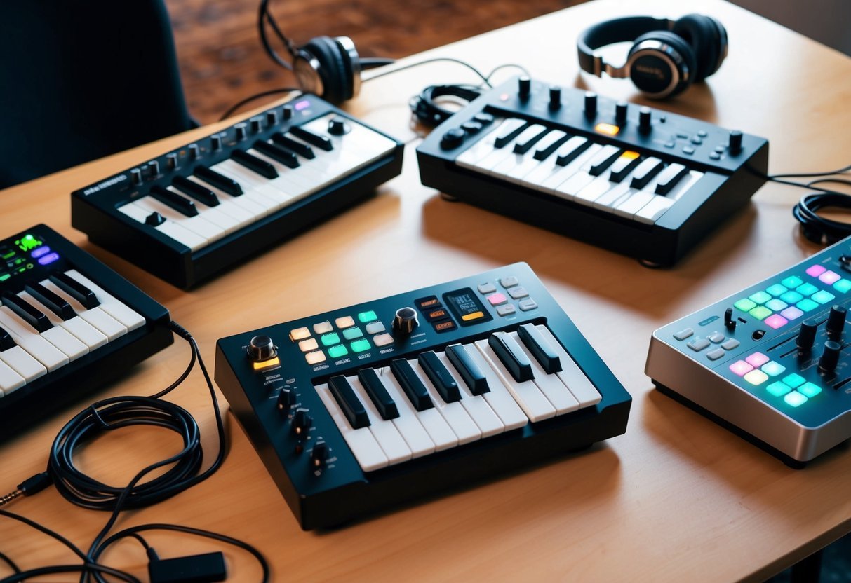A collection of MIDI controllers from various brands arranged on a table, with cables and headphones scattered around