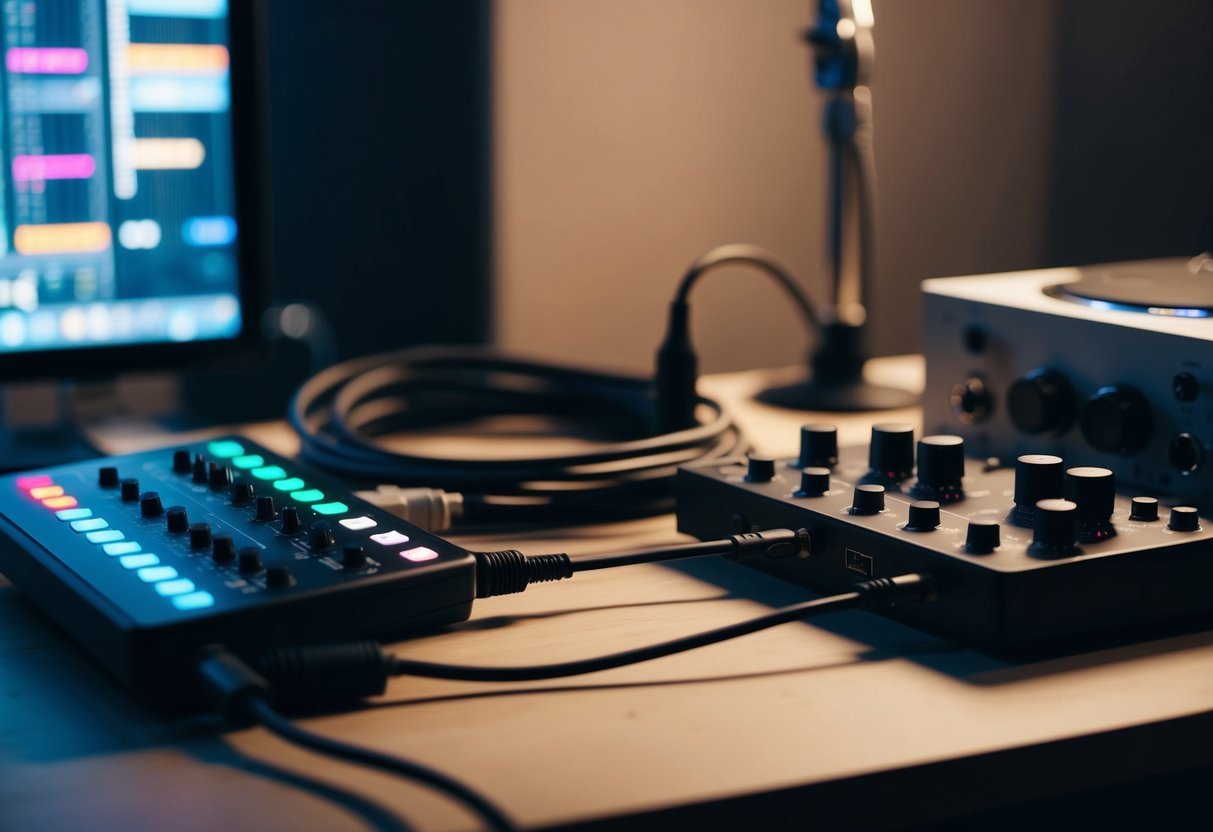 A MIDI controller connected to electronic music equipment, with cables and knobs, in a dimly lit studio setting