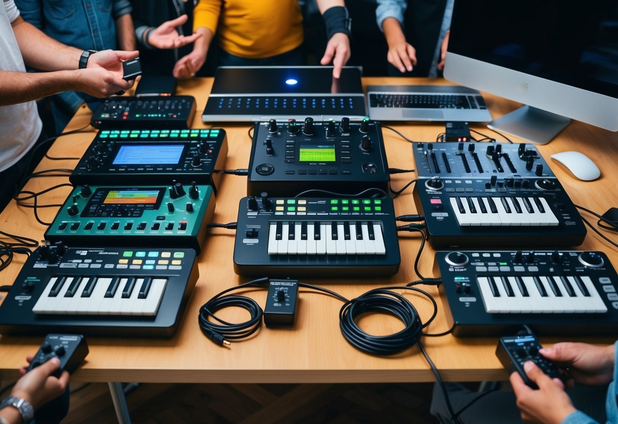 A variety of MIDI controllers arranged on a table with cables and a computer, surrounded by curious onlookers