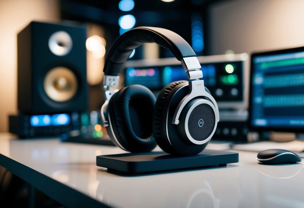 Over-ear headphones on a stand, studio equipment in the background