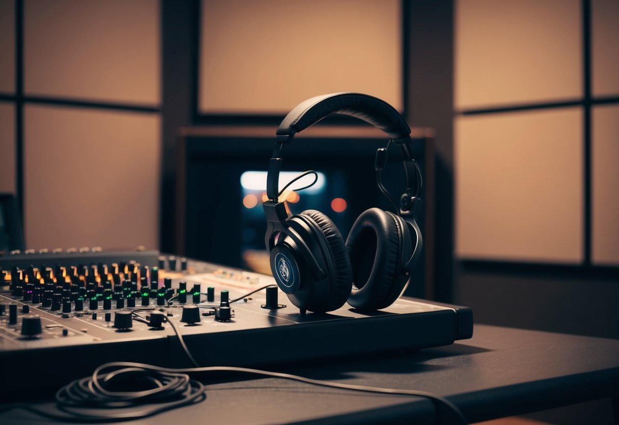 A pair of headphones sits on a studio desk, with cables neatly coiled and plugged into a mixing board.</p><p>The room is dimly lit, with soundproofing panels on the walls