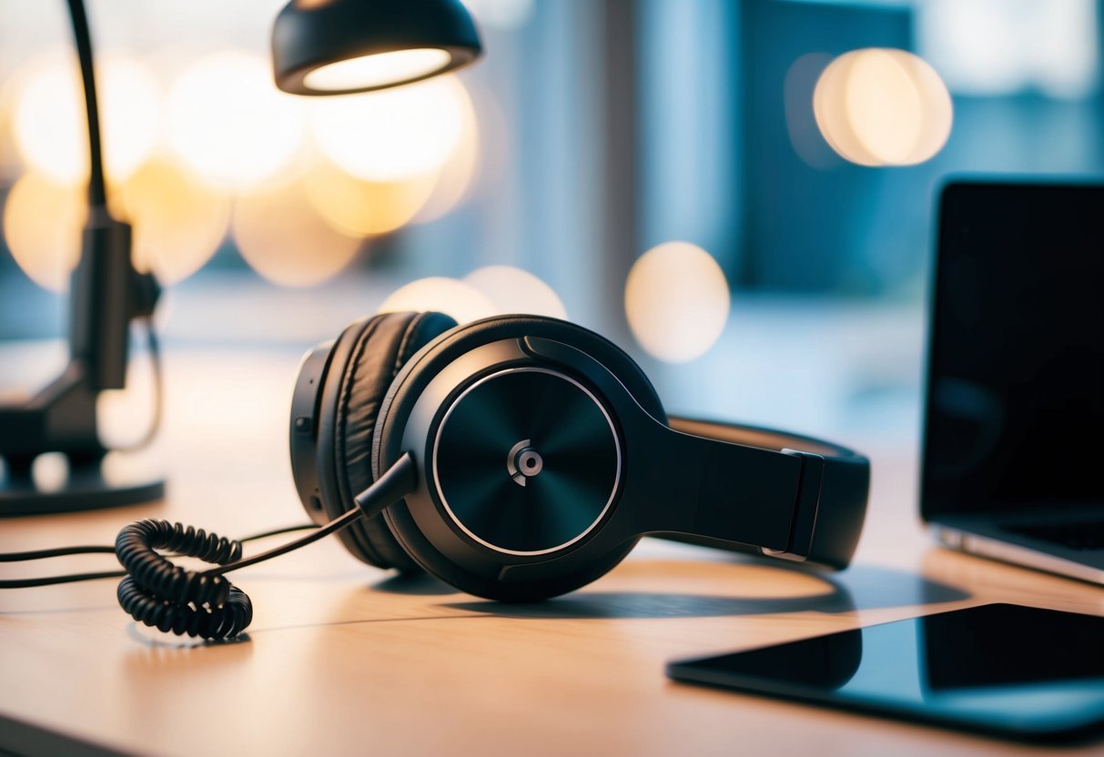 A pair of comfortable, over-ear headphones rests on a studio desk, with a coiled cable and adjustable headband