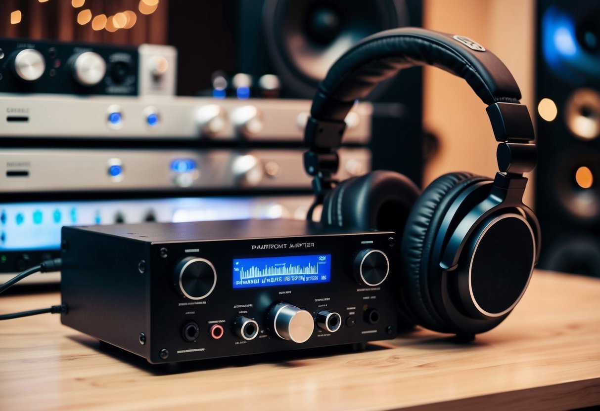 A headphone amplifier connected to studio monitoring headphones, with audio equipment in the background