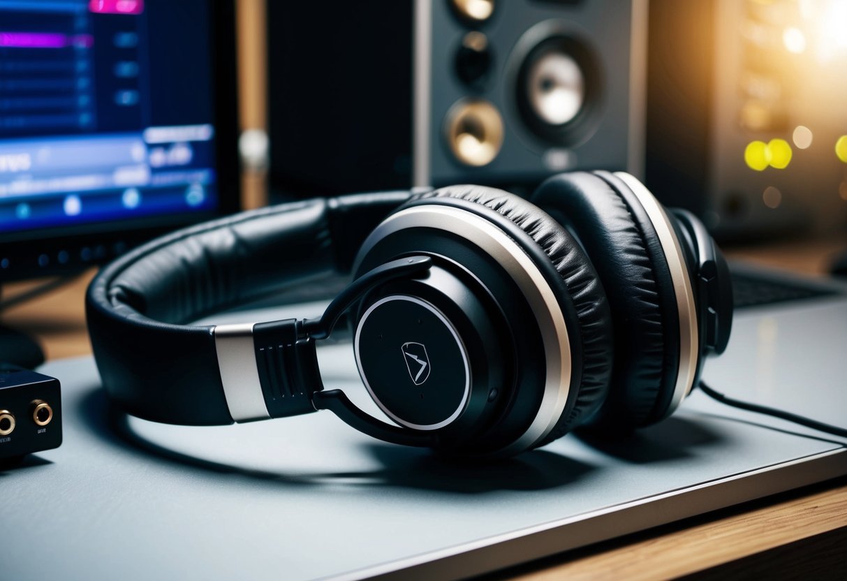 A pair of studio headphones rests on a desk, surrounded by audio equipment.</p><p>The headphones appear sturdy and well-worn, suggesting durability and longevity