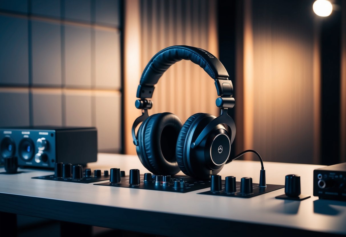 A studio desk with high-quality headphones plugged into professional audio equipment, surrounded by soundproofing panels and dim ambient lighting