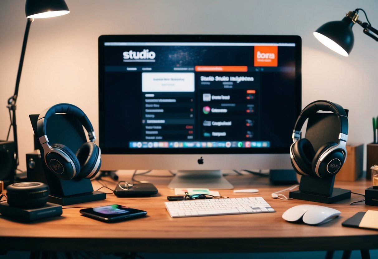 A cluttered desk with various studio headphones and brands displayed