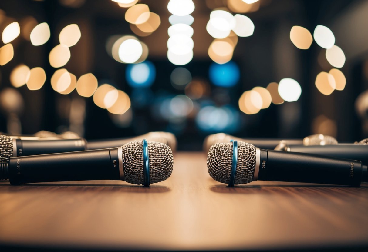 Several microphones arranged on a table for recording