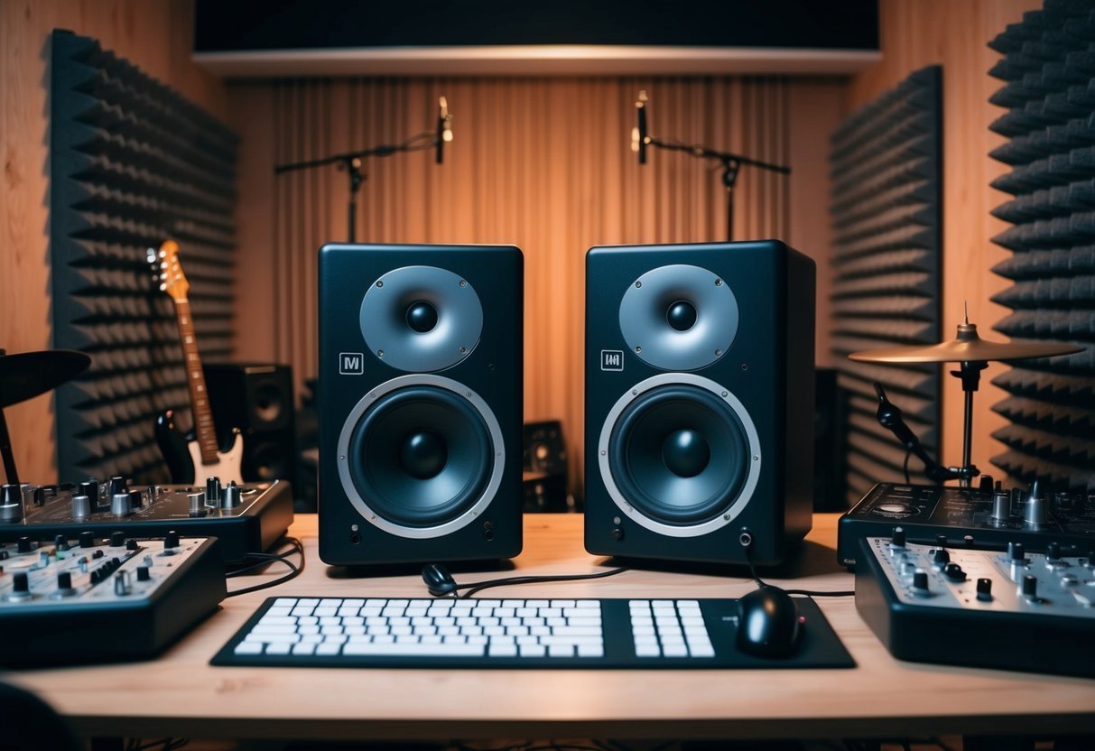 Recording studio with speakers, keyboard, mixing board, and acoustic panels