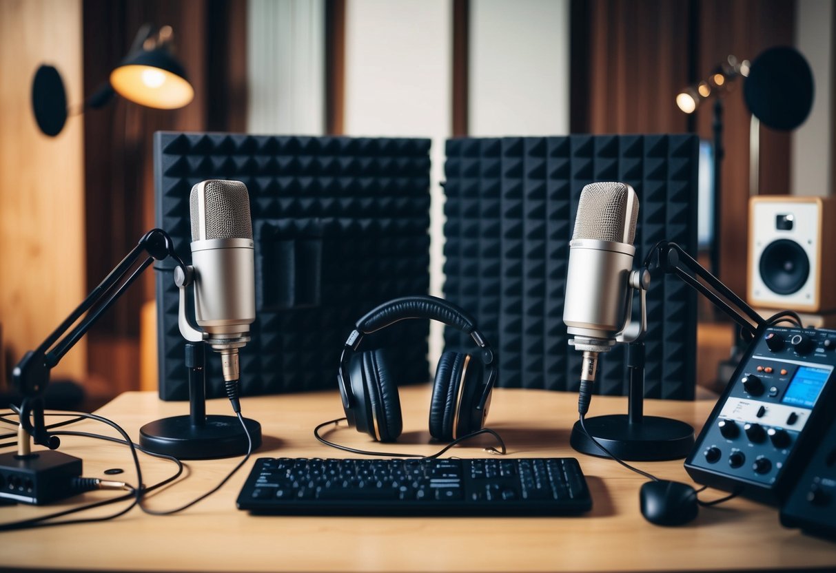 A cluttered desk with two microphones and headphones, surrounded by soundproofing panels and recording equipment