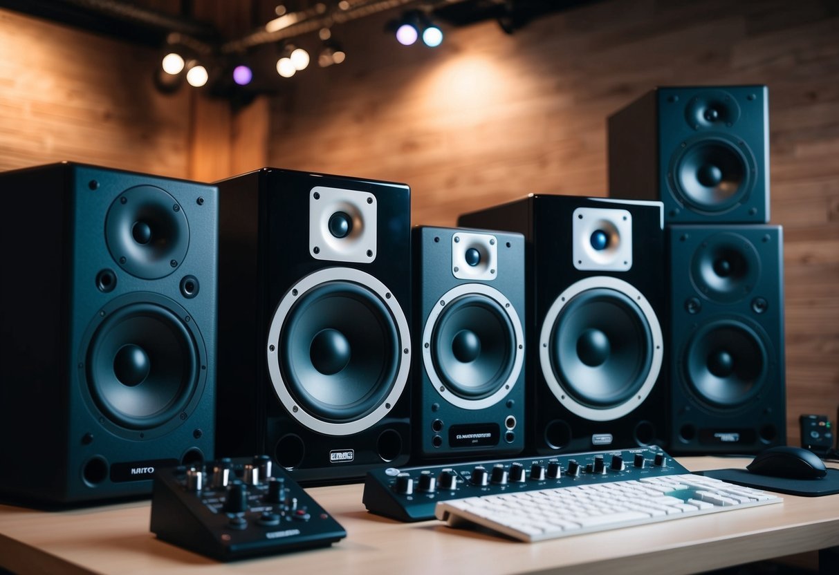 A studio monitor setup with varying sizes and configurations, placed on a desk in a music production studio