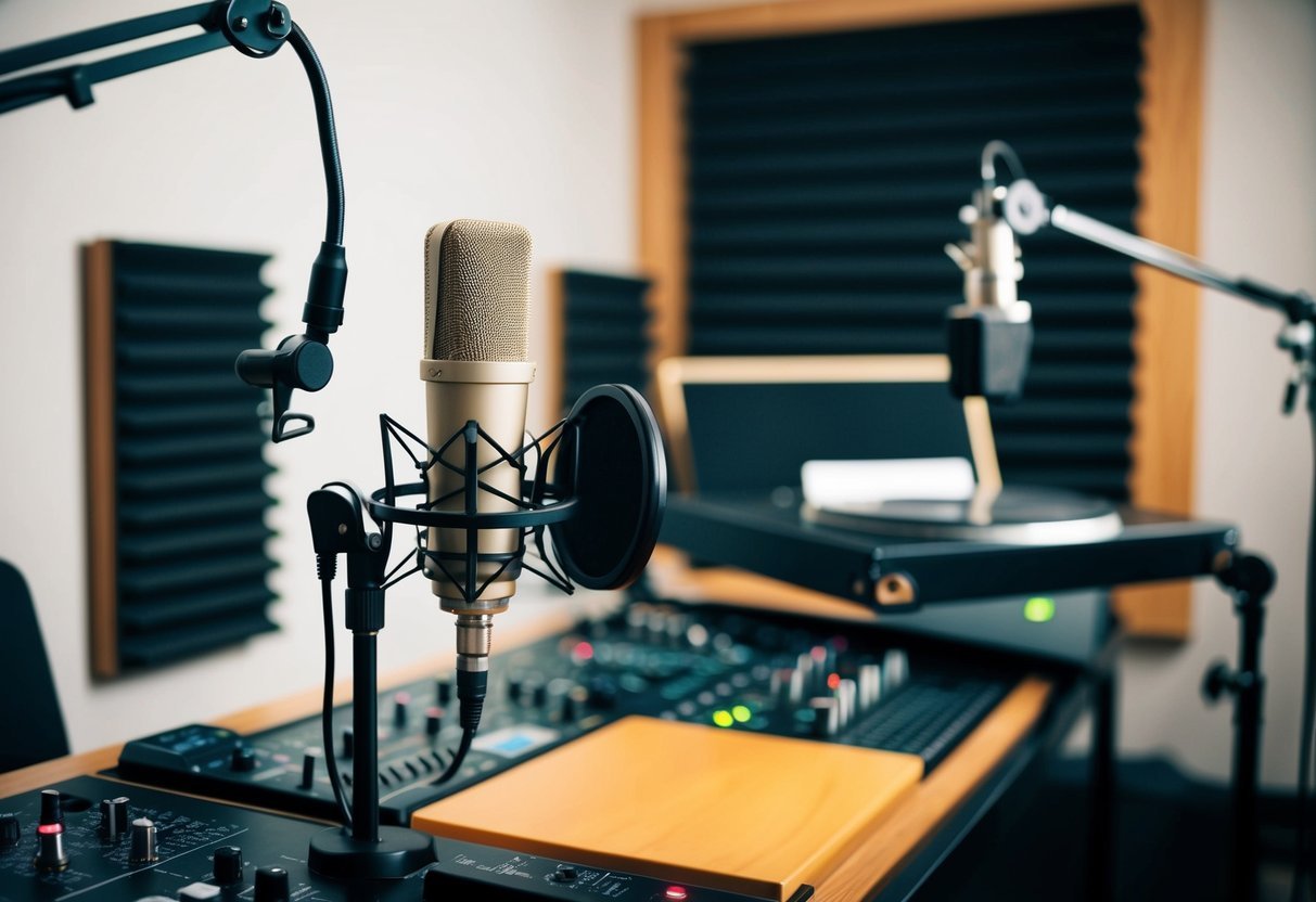 A professional recording studio setup with a condenser microphone, pop filter, and soundproofing panels