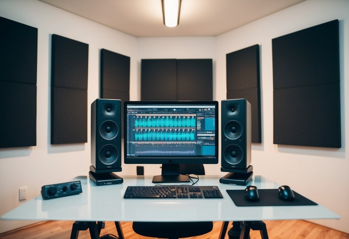 A professional studio setup with high-quality studio monitors placed on a clean, clutter-free desk in a well-lit room with soundproofing panels on the walls