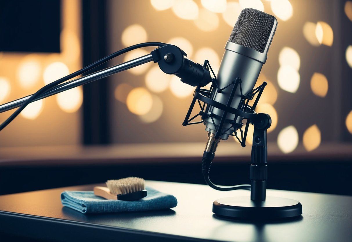 A microphone stand holds a sleek, silver microphone in a recording studio.</p><p>A small brush and cloth sit nearby for maintenance