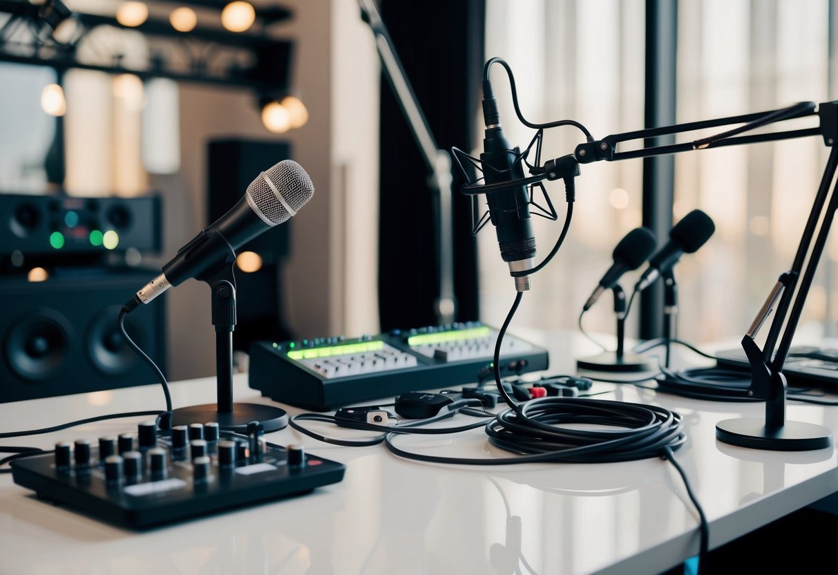 A sleek, modern recording studio setup with various types of microphones, cables, and recording equipment arranged neatly on a desk