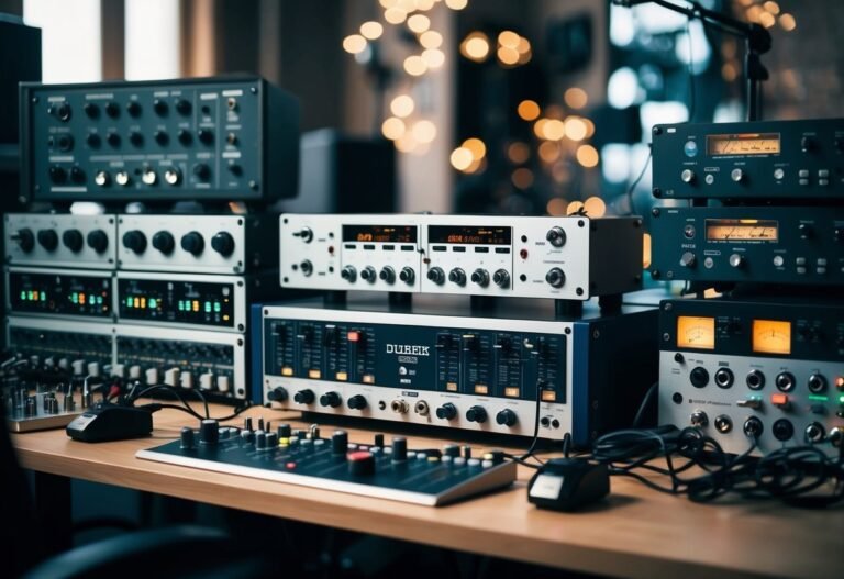 Audio equipment, including a mixing board, stacked on a wooden desk
