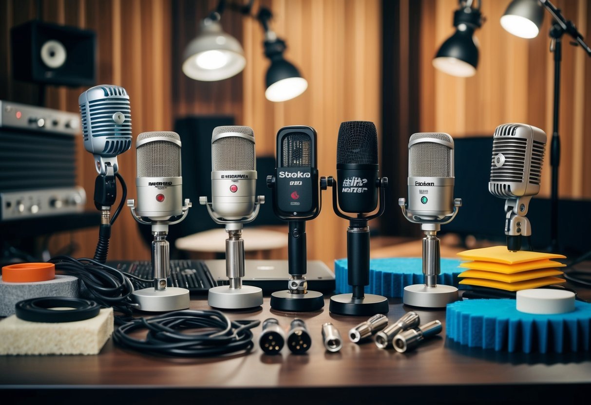 A table displaying various microphone brands and their flagship models, surrounded by recording equipment and soundproofing materials
