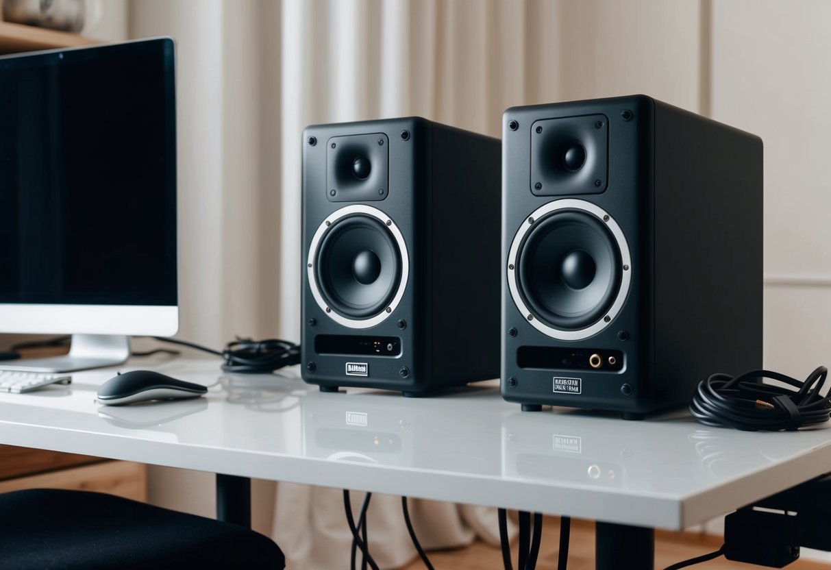 A pair of studio monitors sit on a clean, clutter-free desk.</p><p>Cables are neatly organized and the monitors are positioned at ear level for optimal sound quality