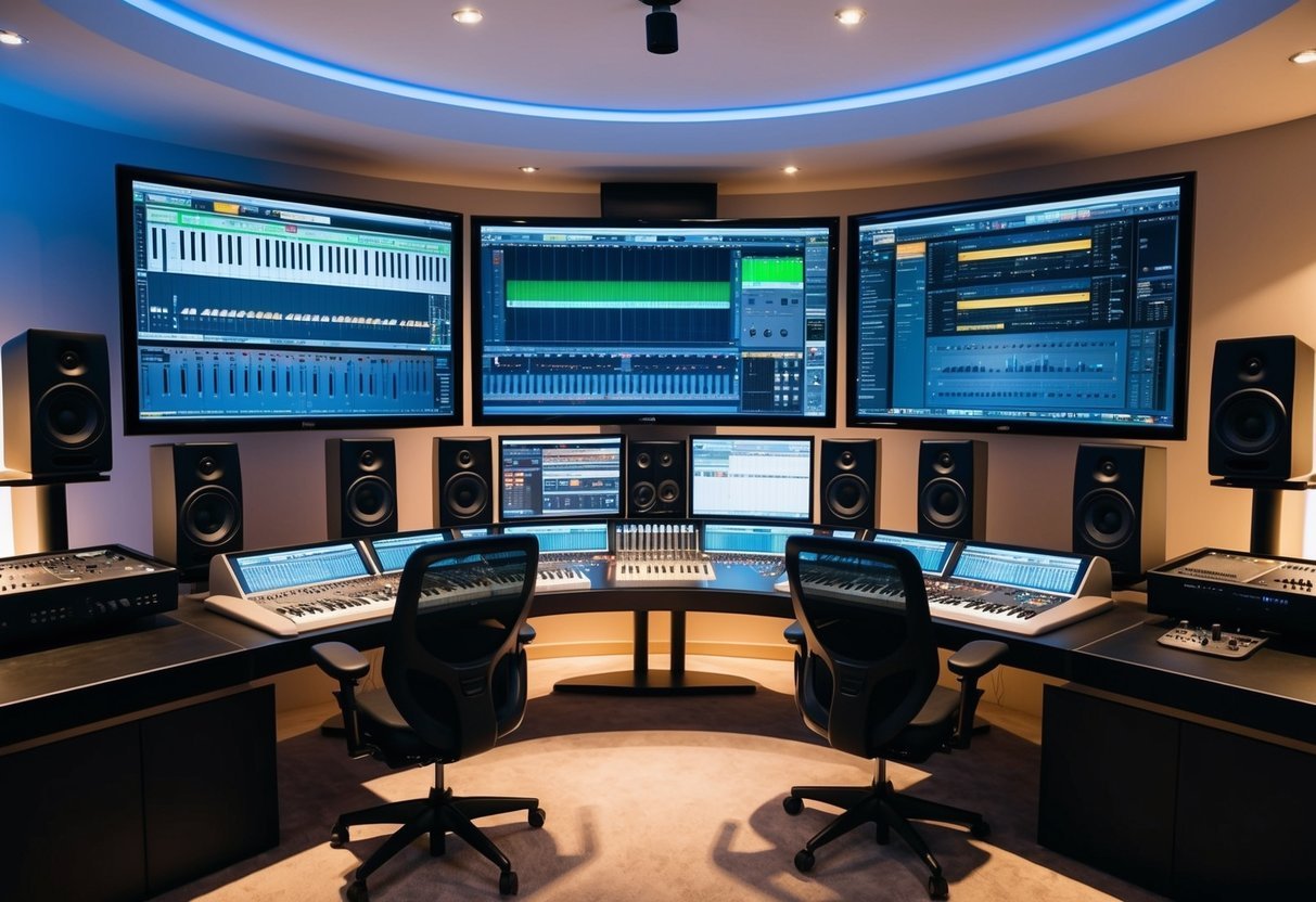 A futuristic music production studio with sleek, high-tech monitors and state-of-the-art audio equipment