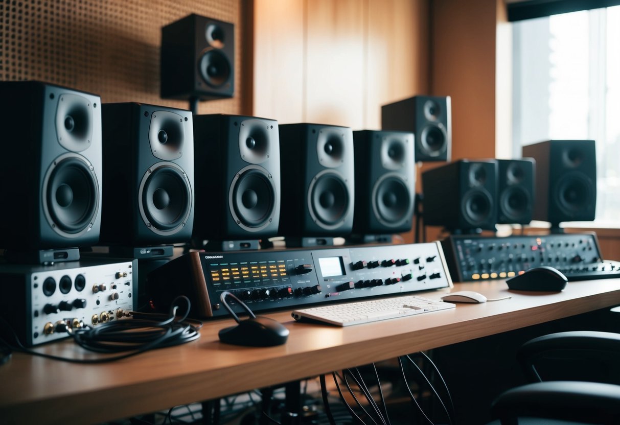A recording studio with multiple studio monitors arranged on a desk, cables and audio equipment scattered around