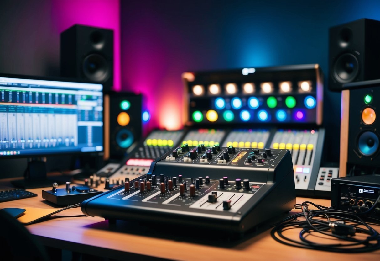 Recording studio setup with mixing console, speakers, and computer monitor