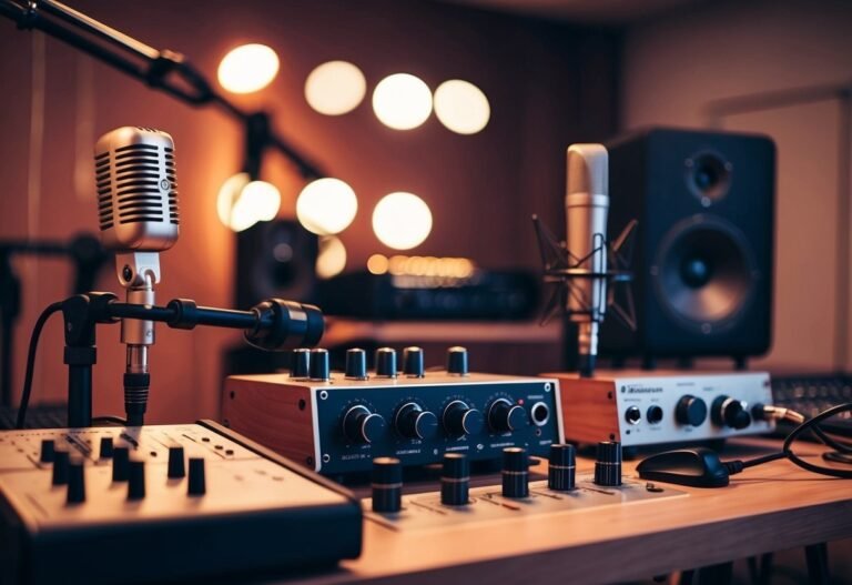 Recording studio setup with microphones, audio equipment, and a speaker