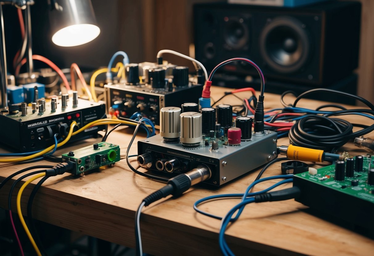 A cluttered workbench with various preamp components and recording equipment scattered around.</p><p>Wires and cables are intertwined, and a soldering iron sits next to a circuit board