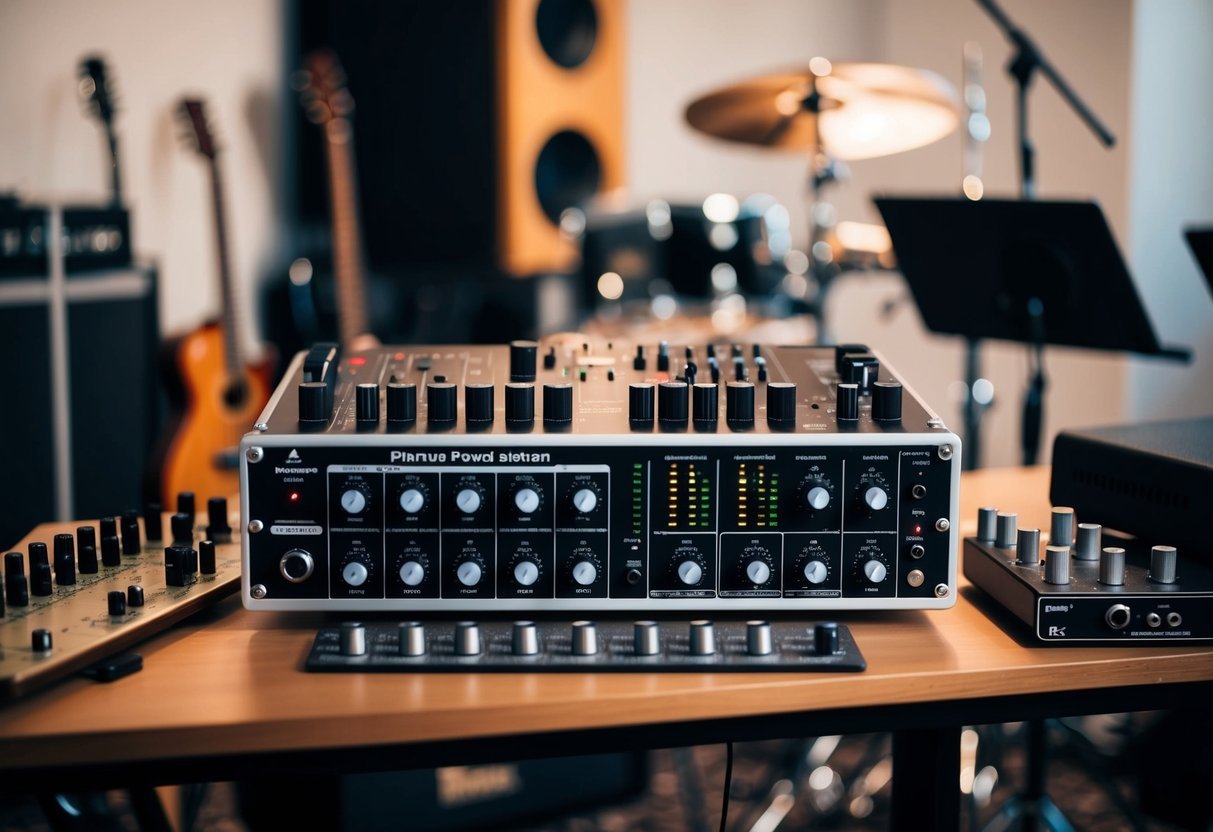 A preamplification and phantom power mixer setup with various knobs and switches, surrounded by musical instruments and recording equipment in a studio setting