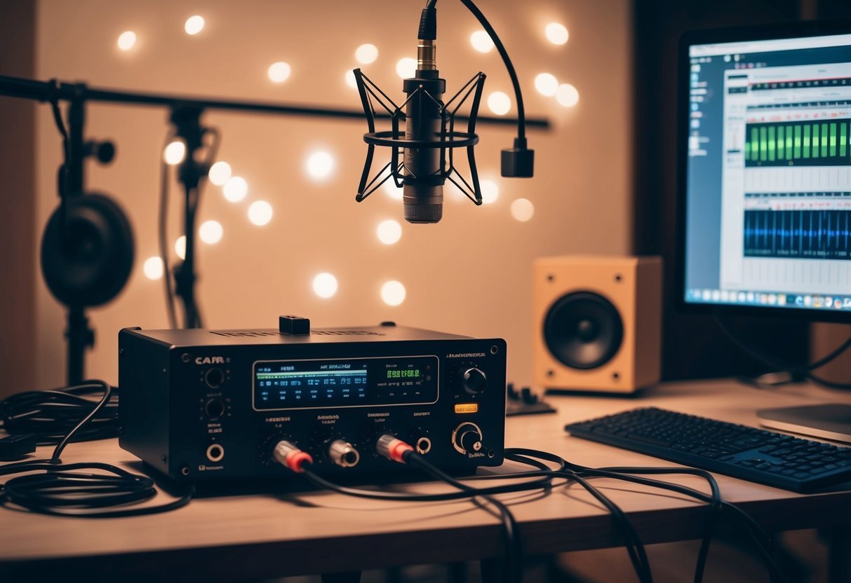 A recording studio setup with a preamp connected to audio equipment, cables, and a computer for signal processing