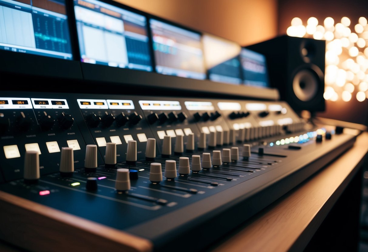 A studio desk with multiple channel strips, each featuring preamps and knobs for recording