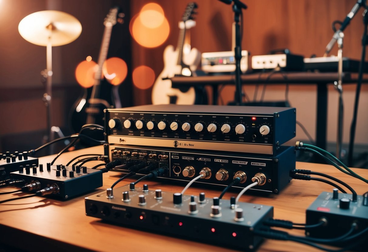 An array of musical instruments connected to various preamps in a recording studio setup