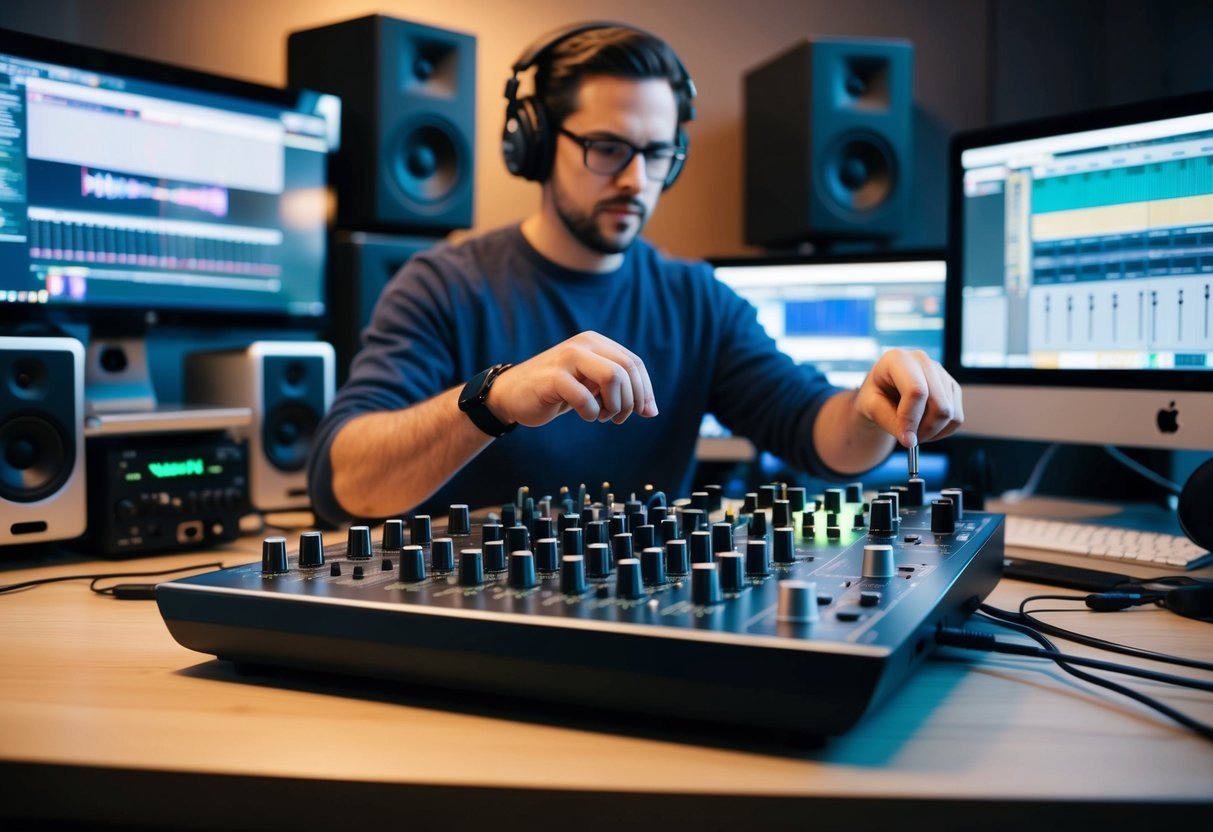 A music producer adjusts knobs on a sleek mixer surrounded by computer monitors and studio equipment