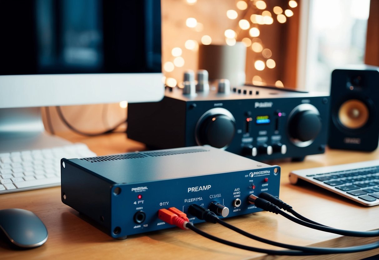 A preamp unit is connected to an audio interface with cables.</p><p>The audio interface is set up on a desk with a computer and other recording equipment