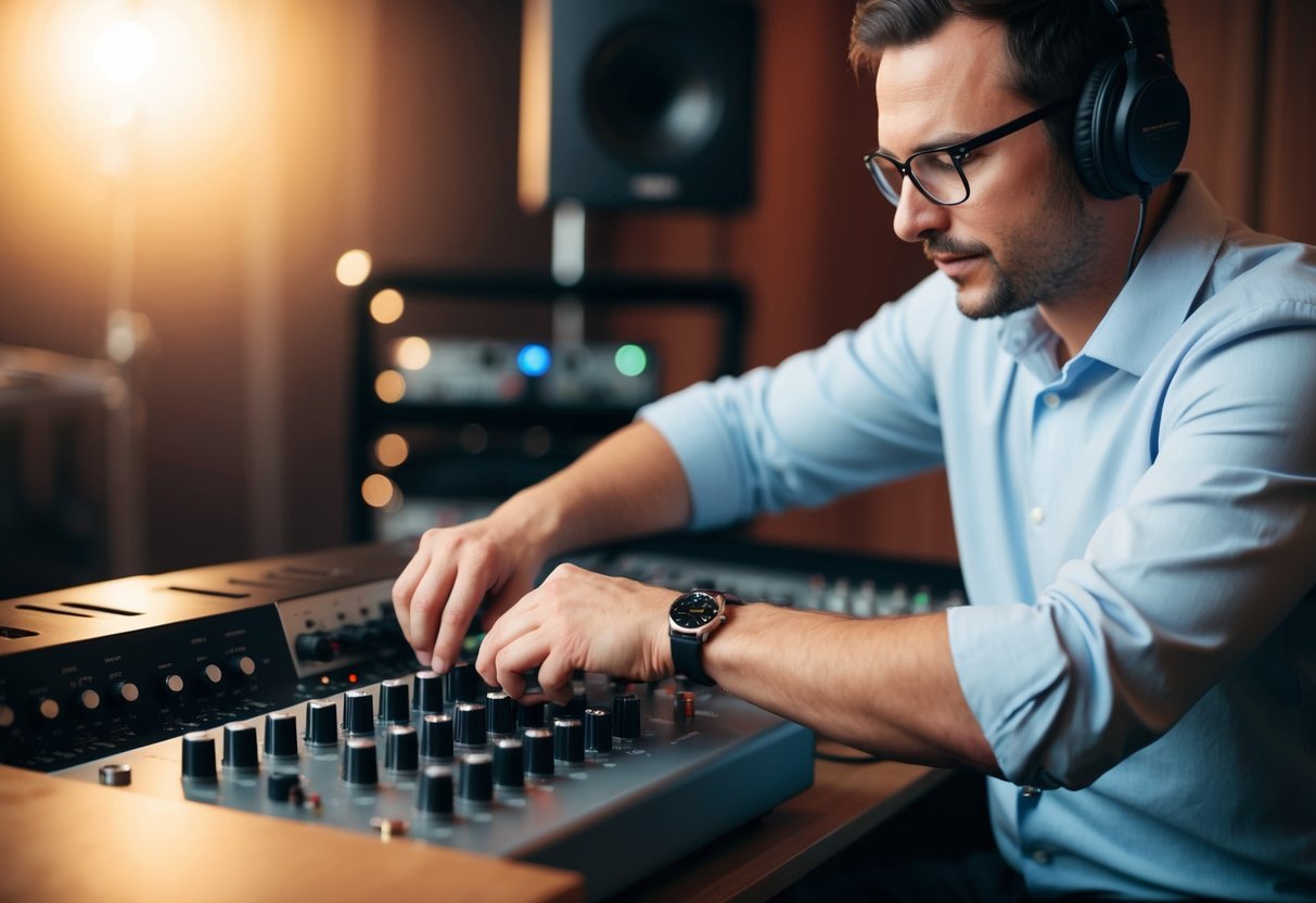An audio engineer adjusts knobs on a preamp while recording in a professional studio