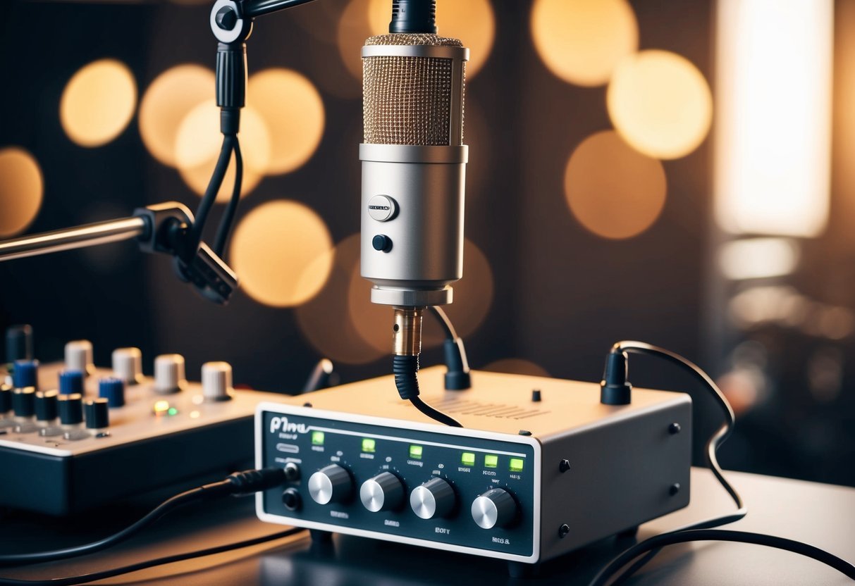 A recording studio setup with a microphone connected to a preamp, with various knobs and buttons for adjusting sound levels and tone