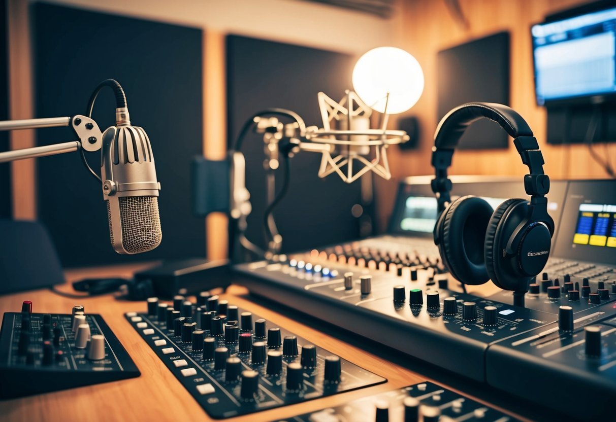 Recording studio setup with microphones, headphones, and audio mixing equipment