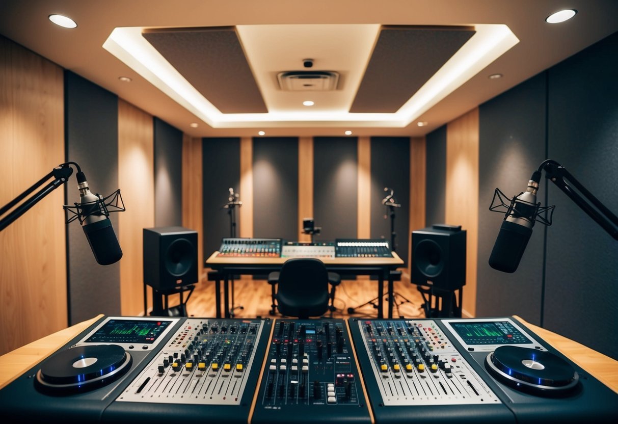 A recording studio with soundproof walls, mixing boards, microphones, and various recording devices set up for professional studio use