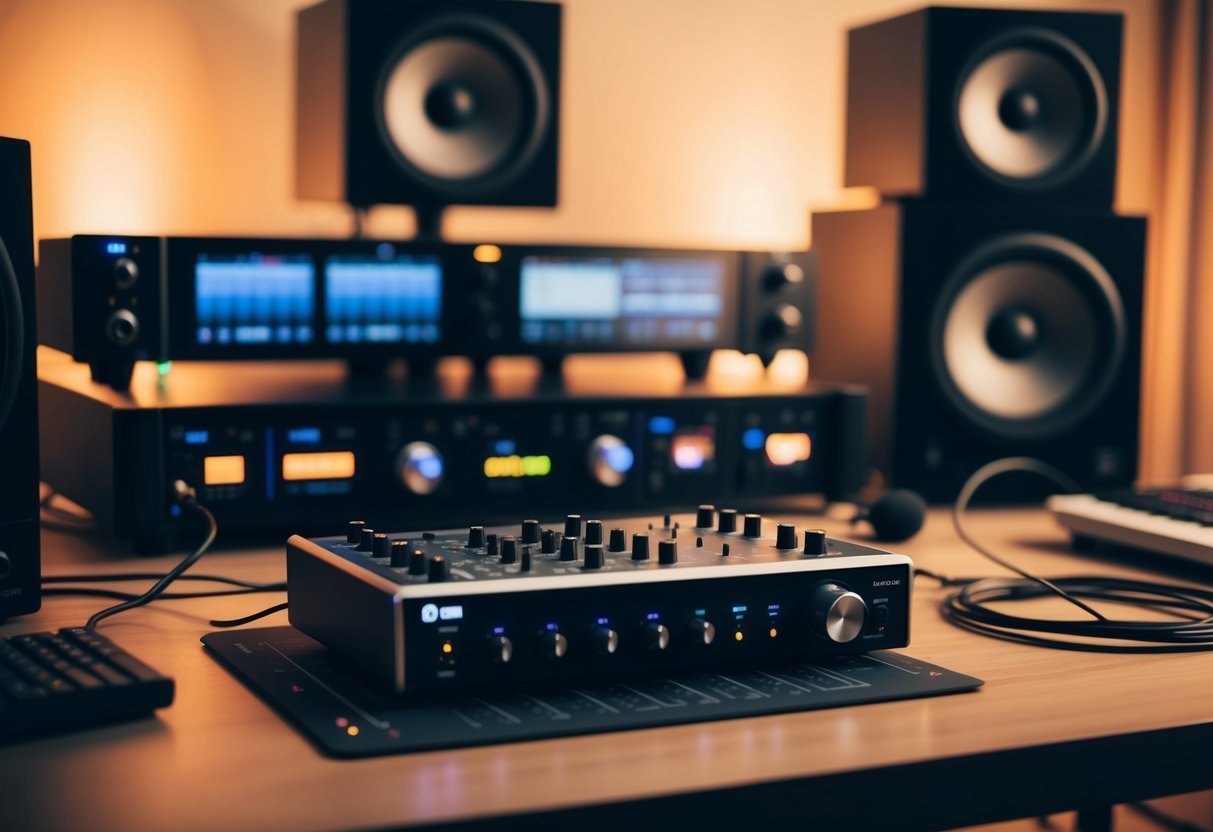 A sleek audio interface sits on a studio desk, surrounded by recording devices and cables.</p><p>The soft glow of LED lights illuminates the equipment, creating a warm and inviting atmosphere