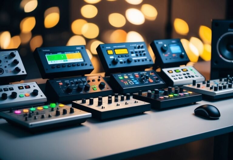 Row of audio mixing equipment with knobs, buttons, and screens