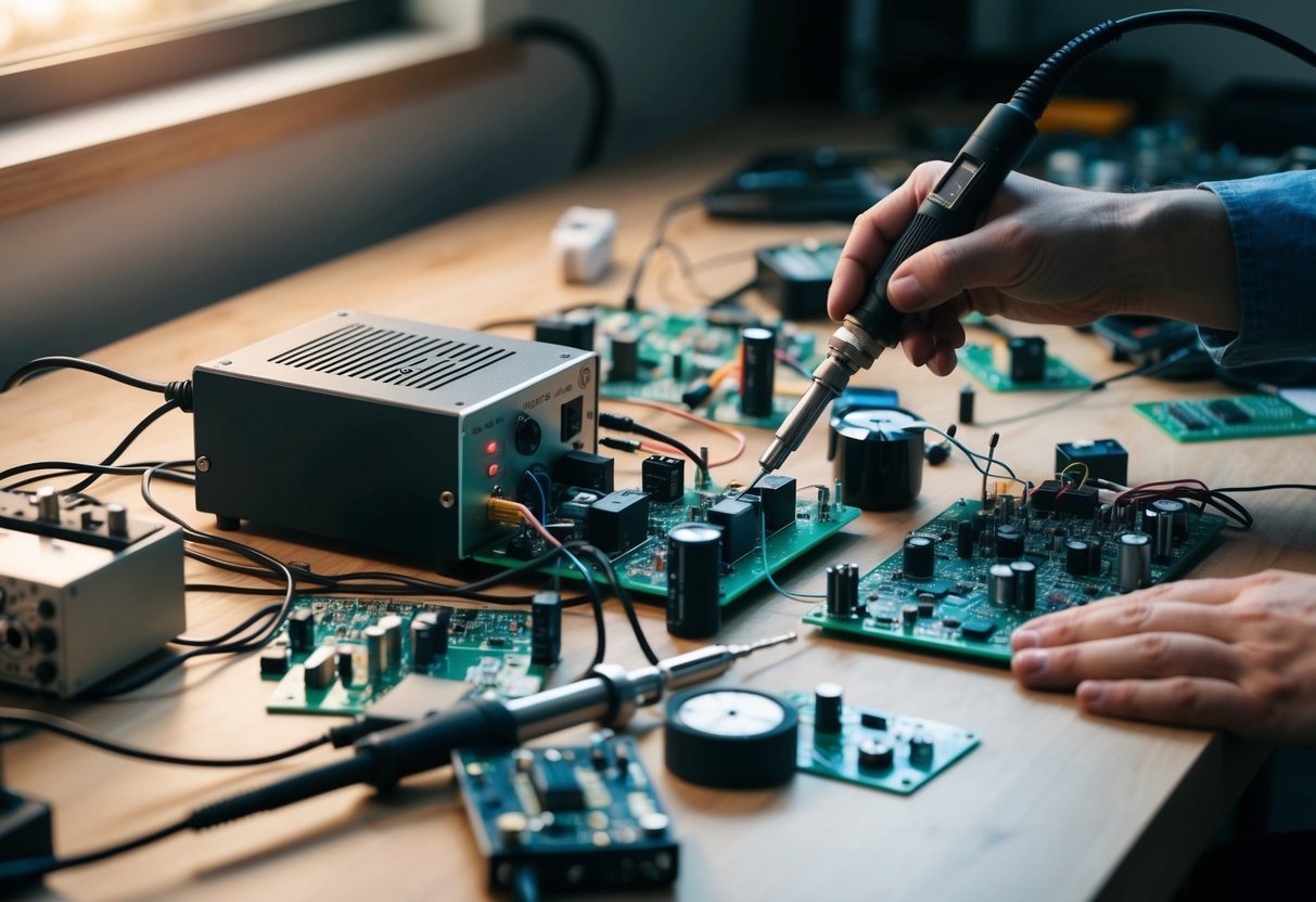 A cluttered workbench with soldering iron, circuit boards, and various electronic components scattered around, as a person meticulously assembles a sound recording device