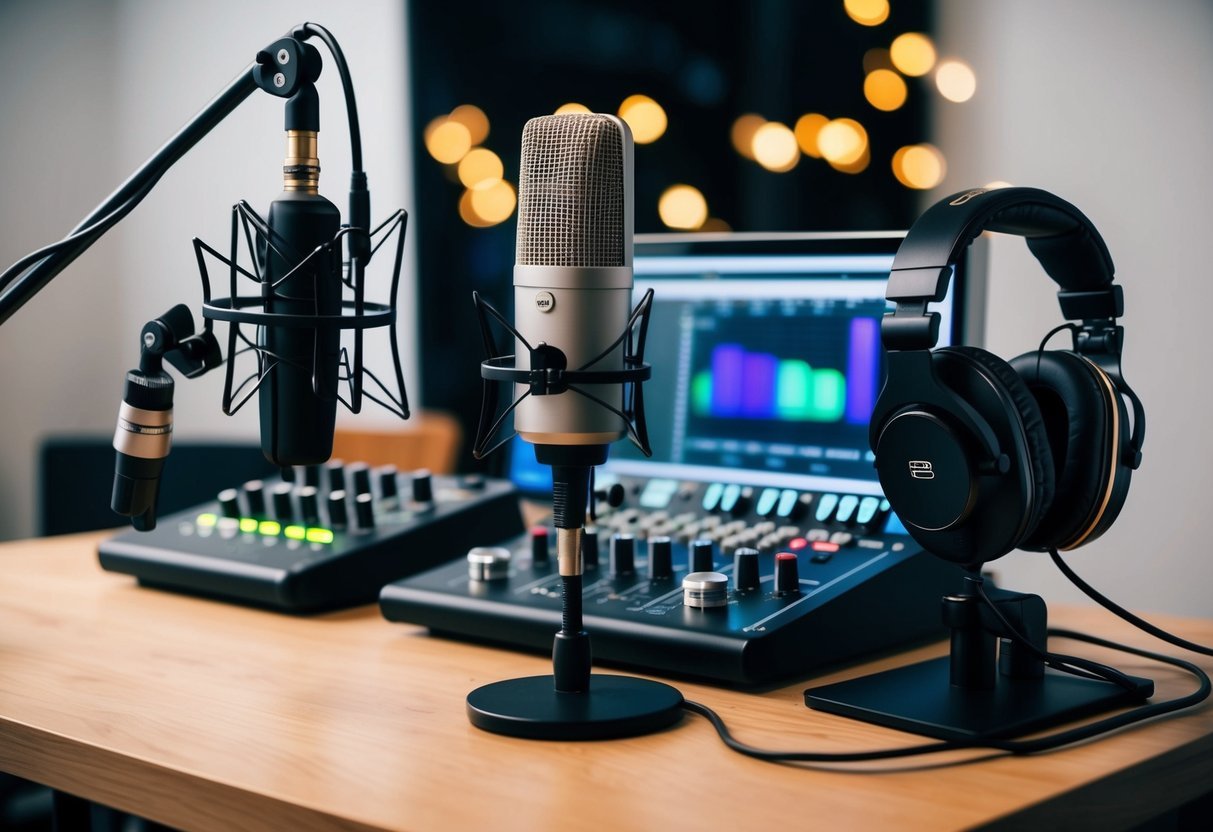 A professional studio setup with microphones, headphones, mixing boards, and recording equipment for podcasting essentials