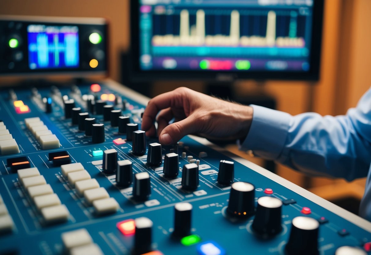 A sound engineer adjusts knobs and sliders on a mixing console while a recording device displays sound waveforms in a professional studio setting