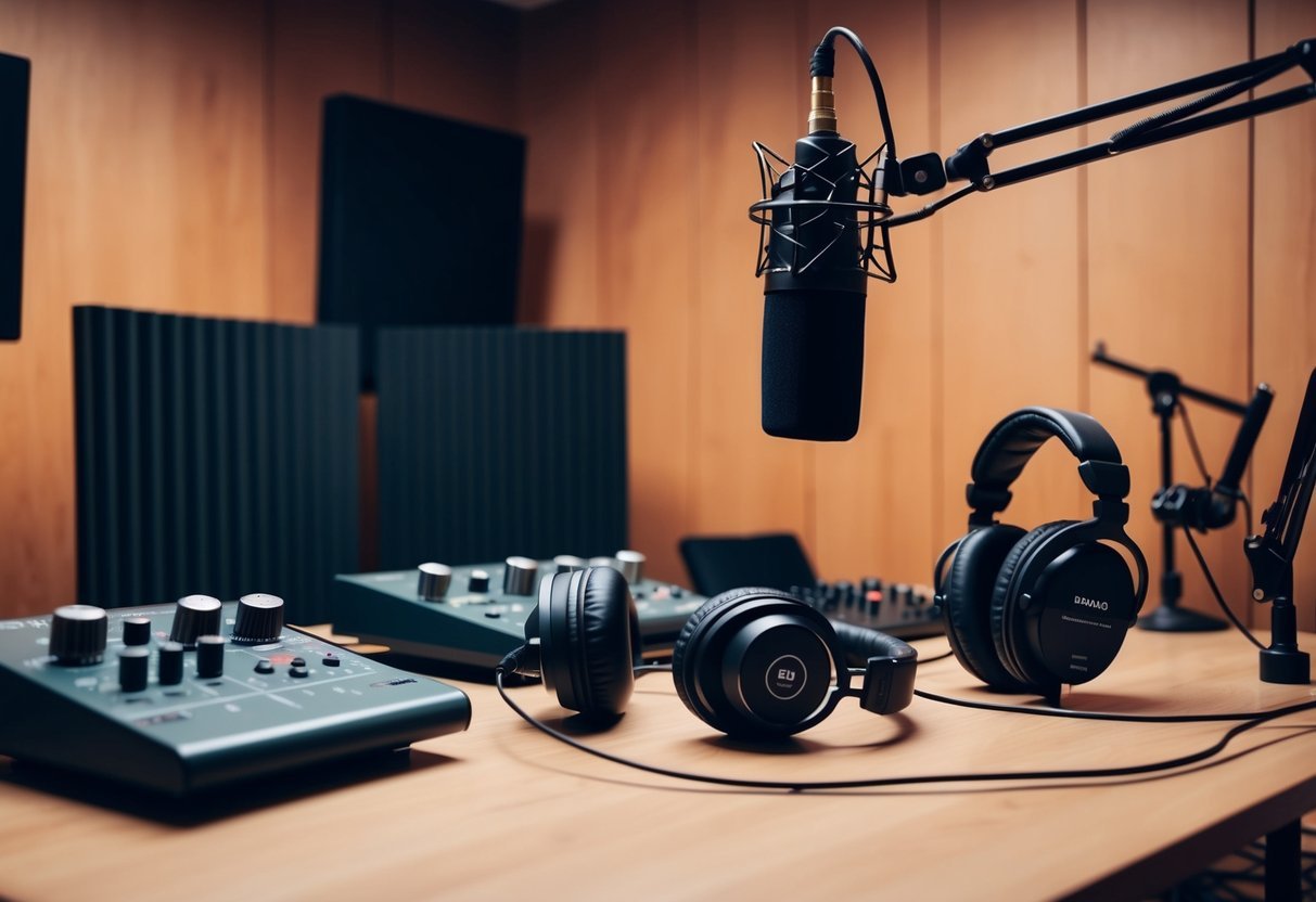 A studio setup with recording devices, microphones, headphones, and soundproofing panels
