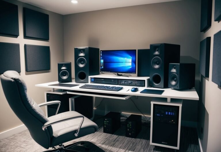 Recording studio with computer, speakers, and soundproofing panels