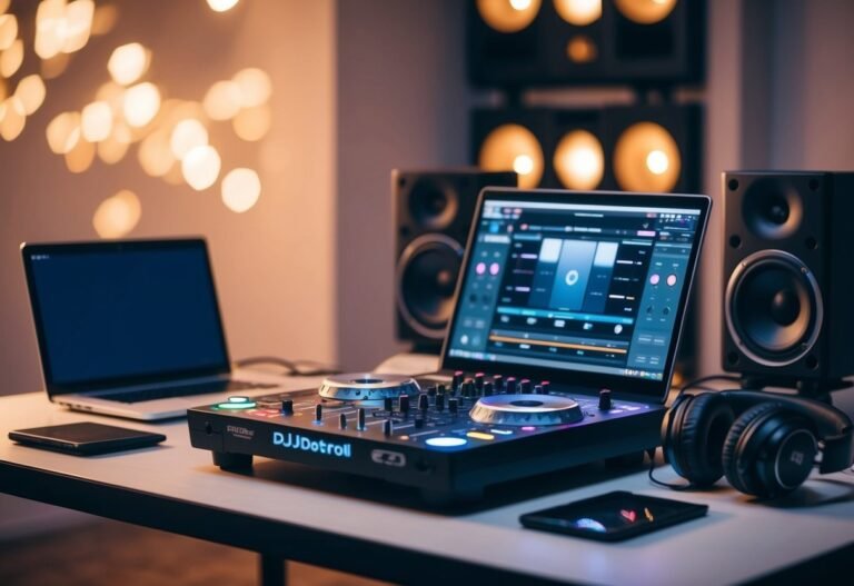 DJ setup with laptop, controller, speakers, and headphones on a desk