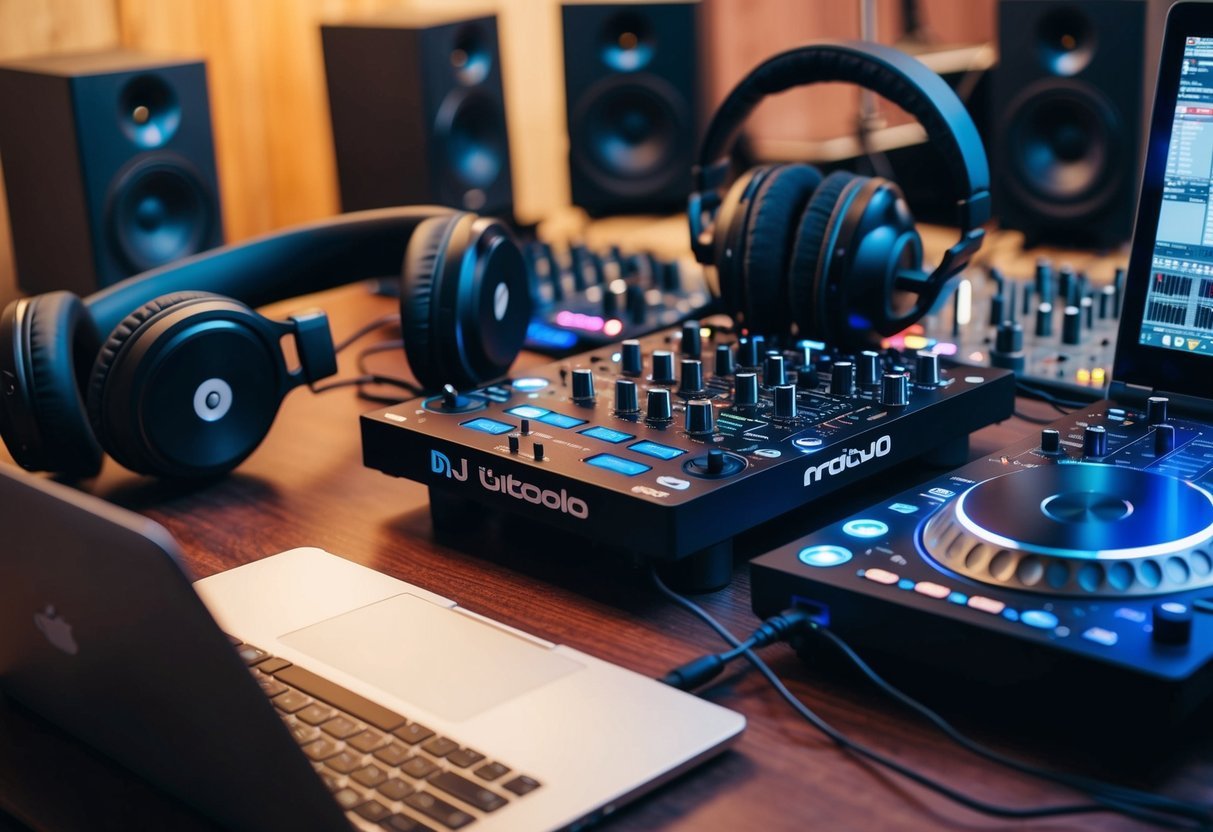 A DJ controller connected to a laptop, with headphones and speakers nearby, surrounded by music production equipment