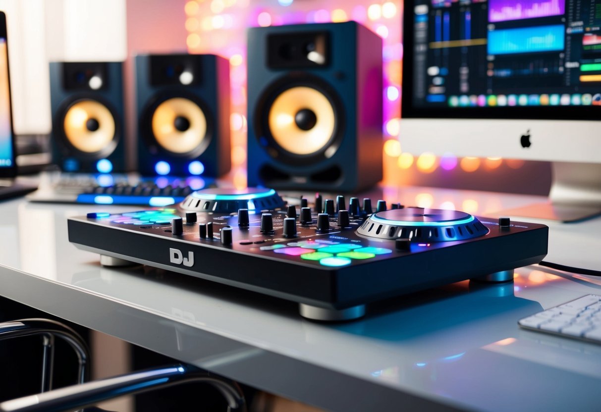 A standalone DJ controller sits on a sleek, modern desk surrounded by studio monitors and a computer.</p><p>Colorful LED lights glow on the controller, creating an atmosphere of creativity and energy