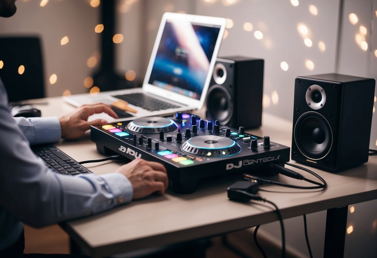 A DJ controller sits on a desk, connected to a laptop via USB and to speakers via audio ports